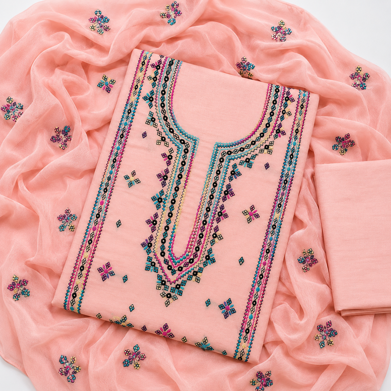 Peach Elegance Multi-Colored Hand Embroidered Unstitched 3-Piece Suit
