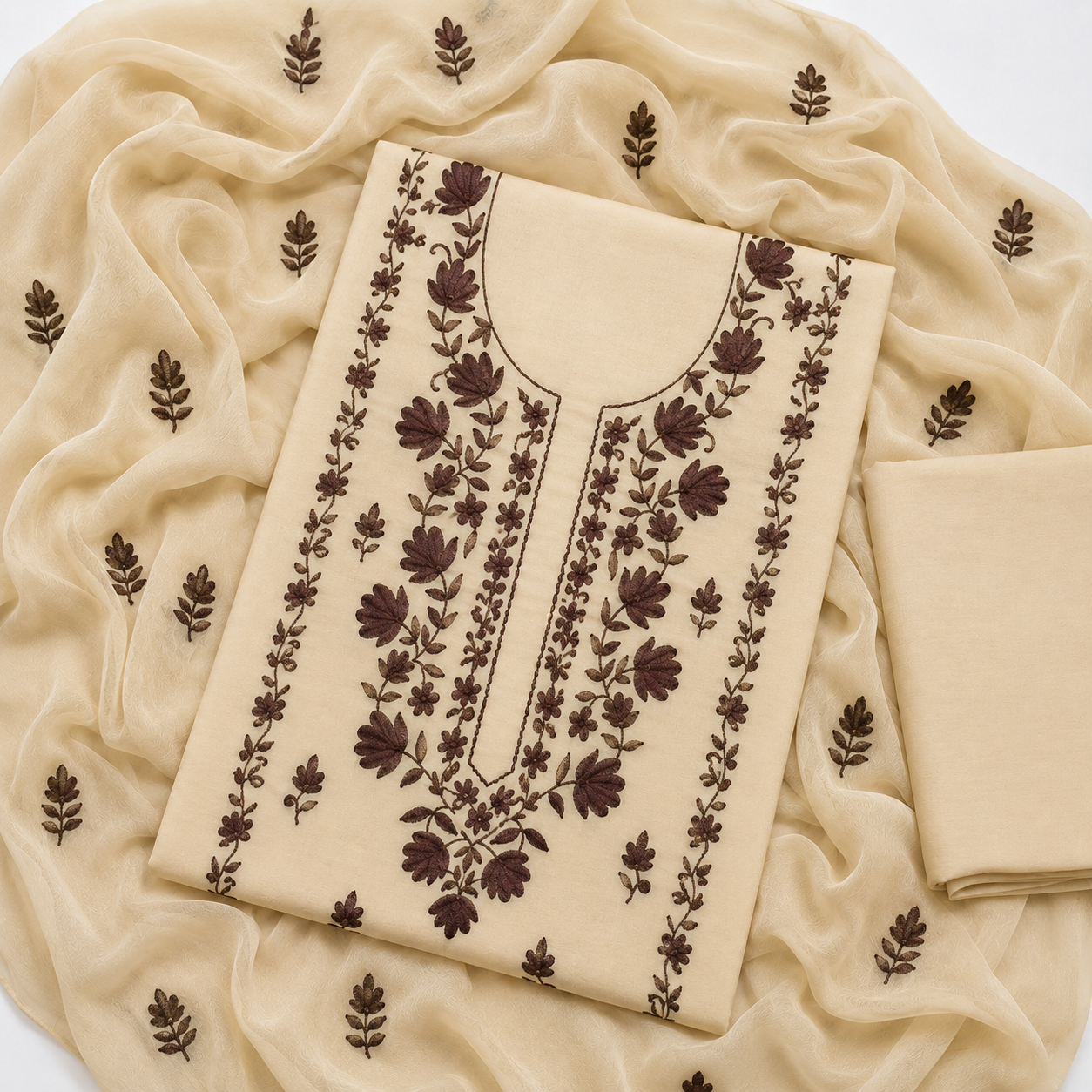 Tajbari Butter Yellow & Dark Brown Floral Hand Embroidered Lawn 3-Piece Suit