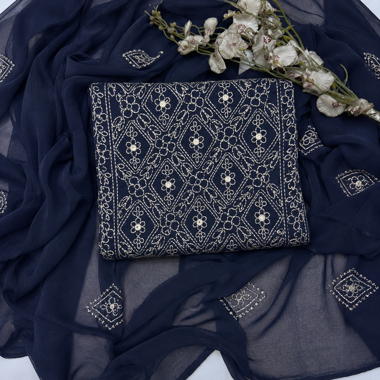 Tajbari Hand-Embroidered 3-Piece Unstitched Lawn Suit with Chiffon Dupatta