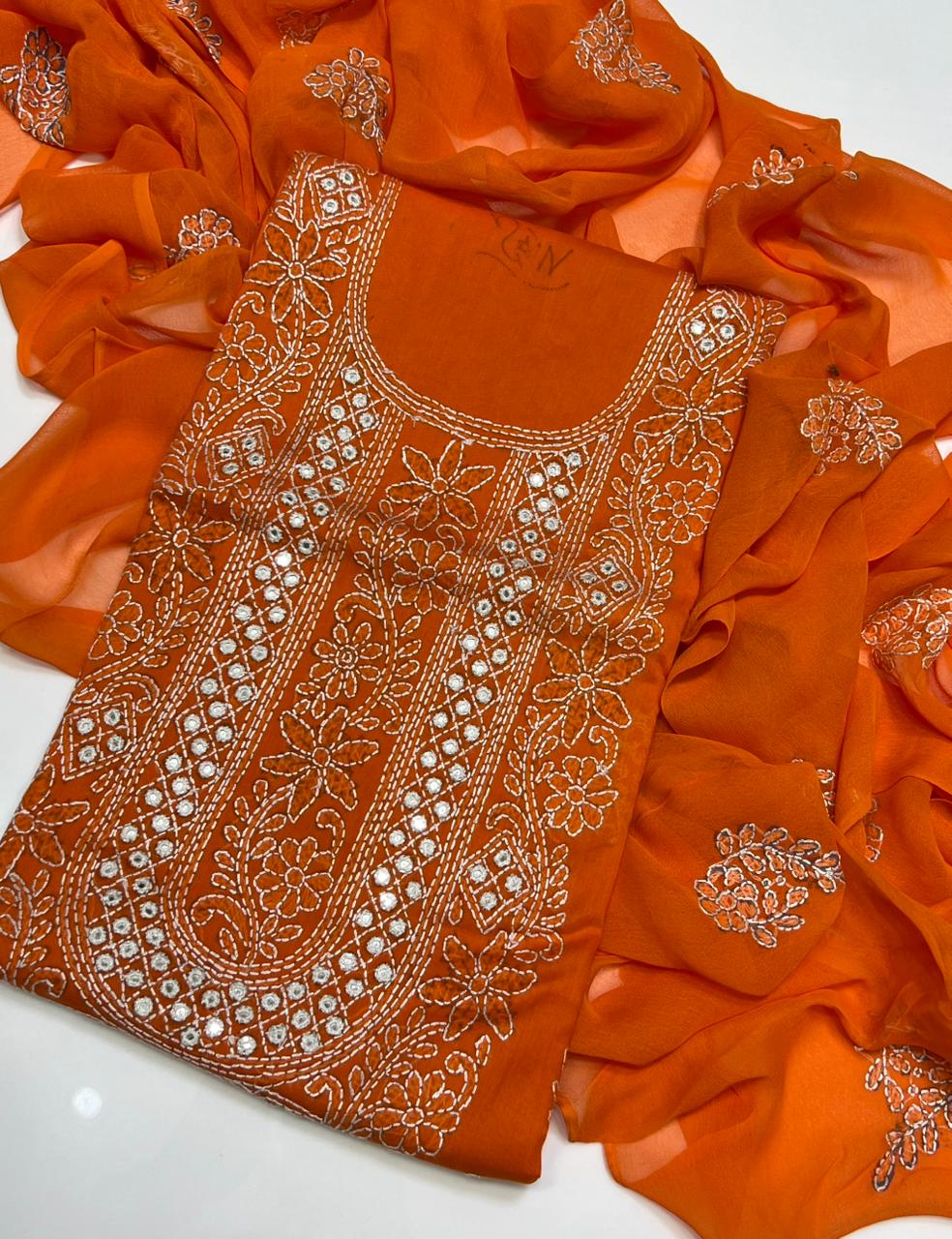 Tajbari Vibrant Orange & White Hand-Embroidered Lawn 3-Piece Suit with Chiffon Dupatta