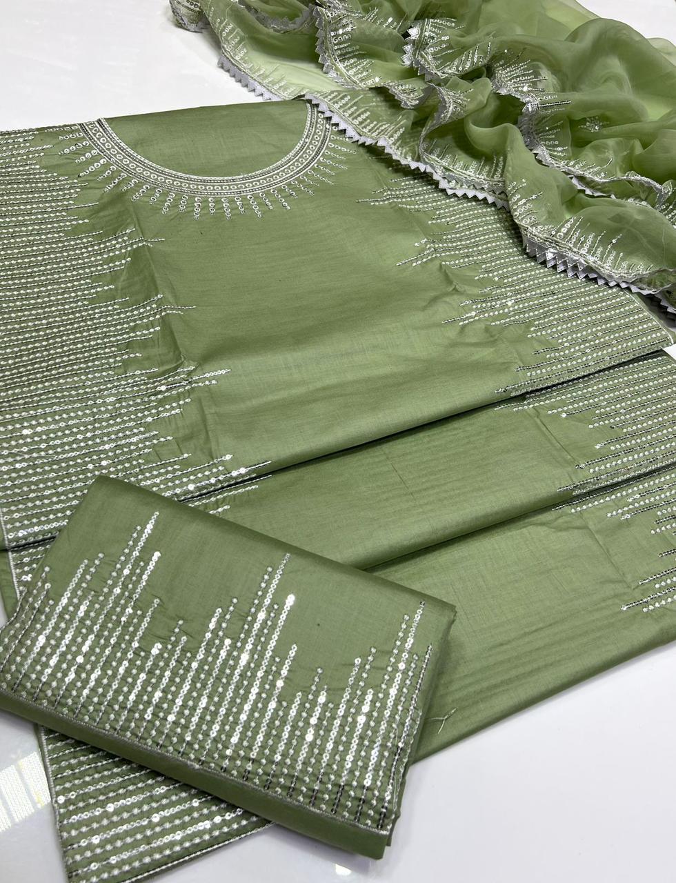 Tajbari Sage Green & Silver Hand-Embroidered Lawn 3-Piece Suit with Chiffon Dupatta
