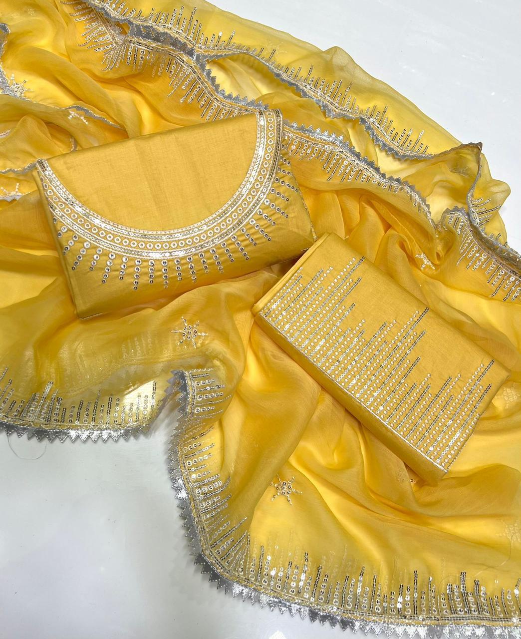 Tajbari Lemon Yellow & Silver Hand-Embroidered Lawn 3-Piece Suit with Chiffon Dupatta