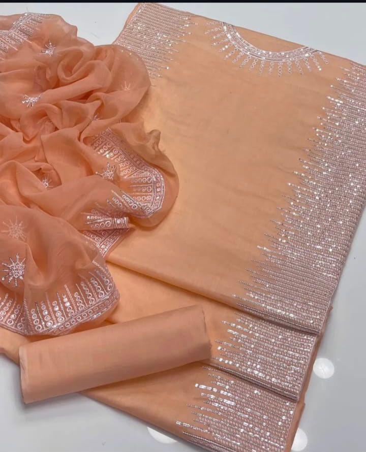 Tajbari Soft Peach & Silver Hand-Embroidered Lawn 3-Piece Suit with Chiffon Dupatta