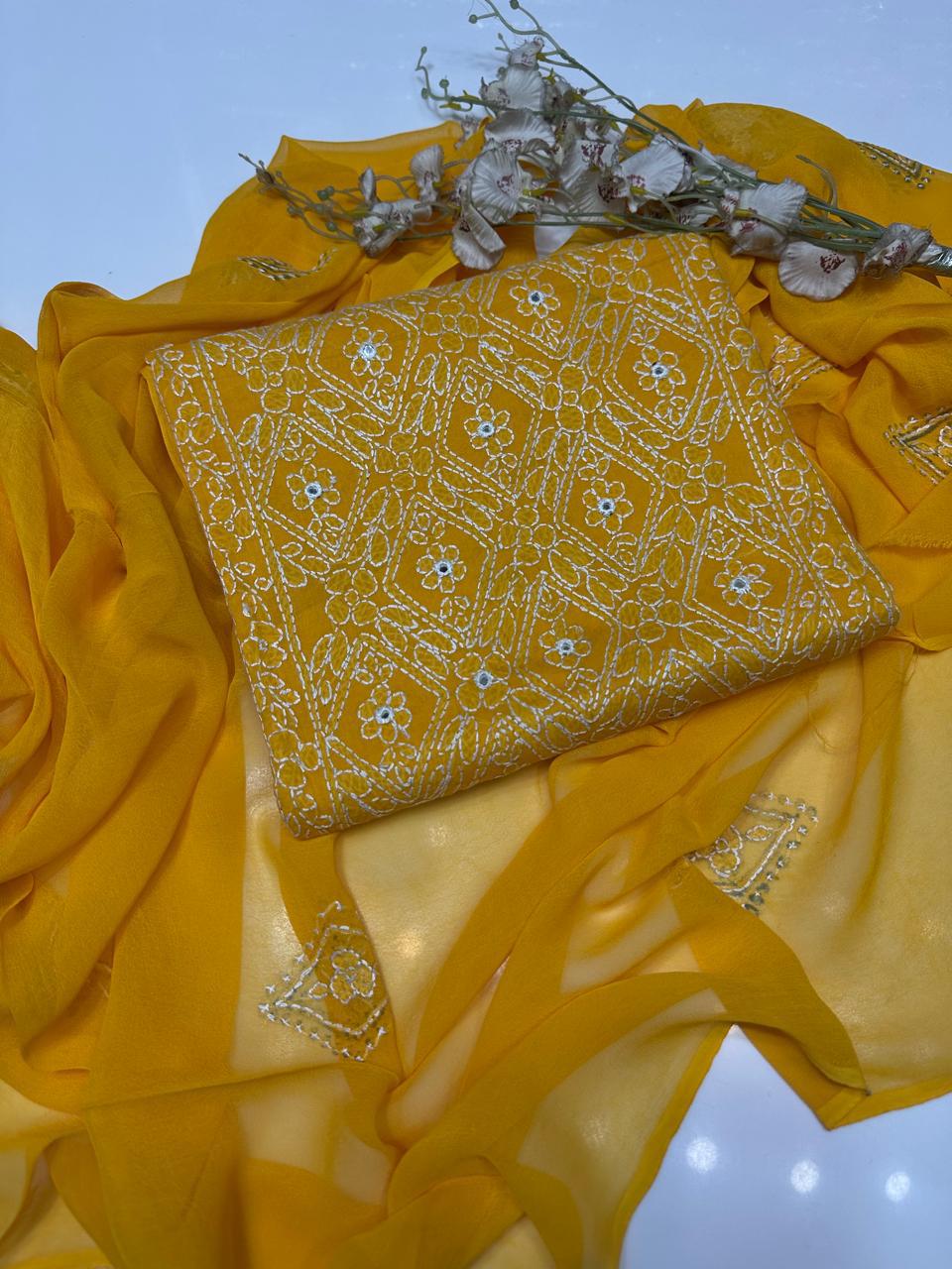 Tajbari Sunshine Yellow Hand-Embroidered Diamond Jaal Lawn 3-Piece Suit with Chiffon Dupatta