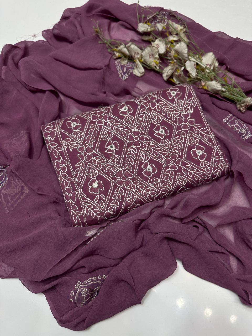 Tajbari Dusty Mauve Hand-Embroidered Diamond Jaal Lawn 3-Piece Suit with Chiffon Dupatta
