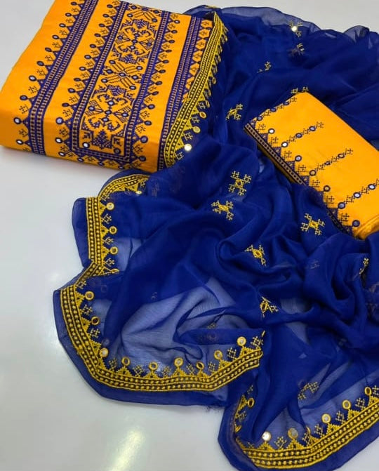 Tajbari Winter Khadi Silk Three Piece 07 - Mustard & Royal Blue