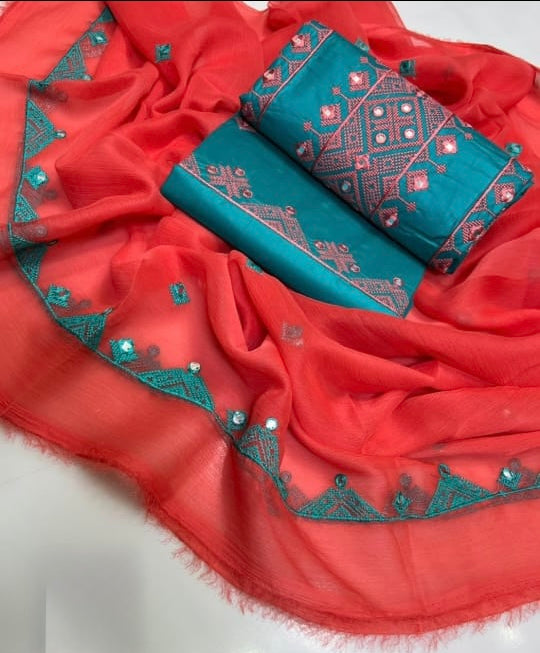 Tajbari Winter Khadi Silk Three Piece 09 - Teal & Coral