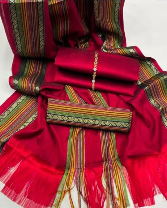 Tajbari Winter Khadi Silk Three Piece 13 - Cherry Red Handloom Paar