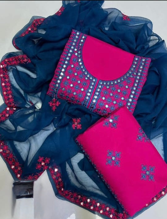 Tajbari Winter Khadi Silk Three Piece 14 - Rani Pink & Teal Blue