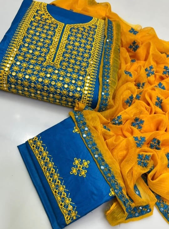Tajbari Winter Khadi Silk Three Piece 15 - Royal Blue & Yellow