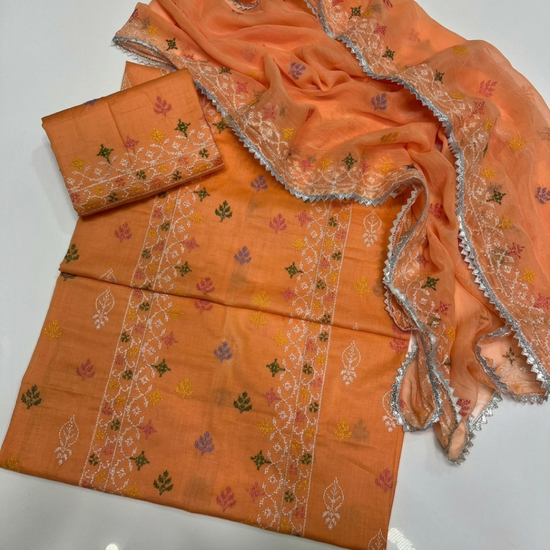 Tajbari Multi-Color Floral Embroidered Lawn 3-Piece Suit with Chiffon Dupatta