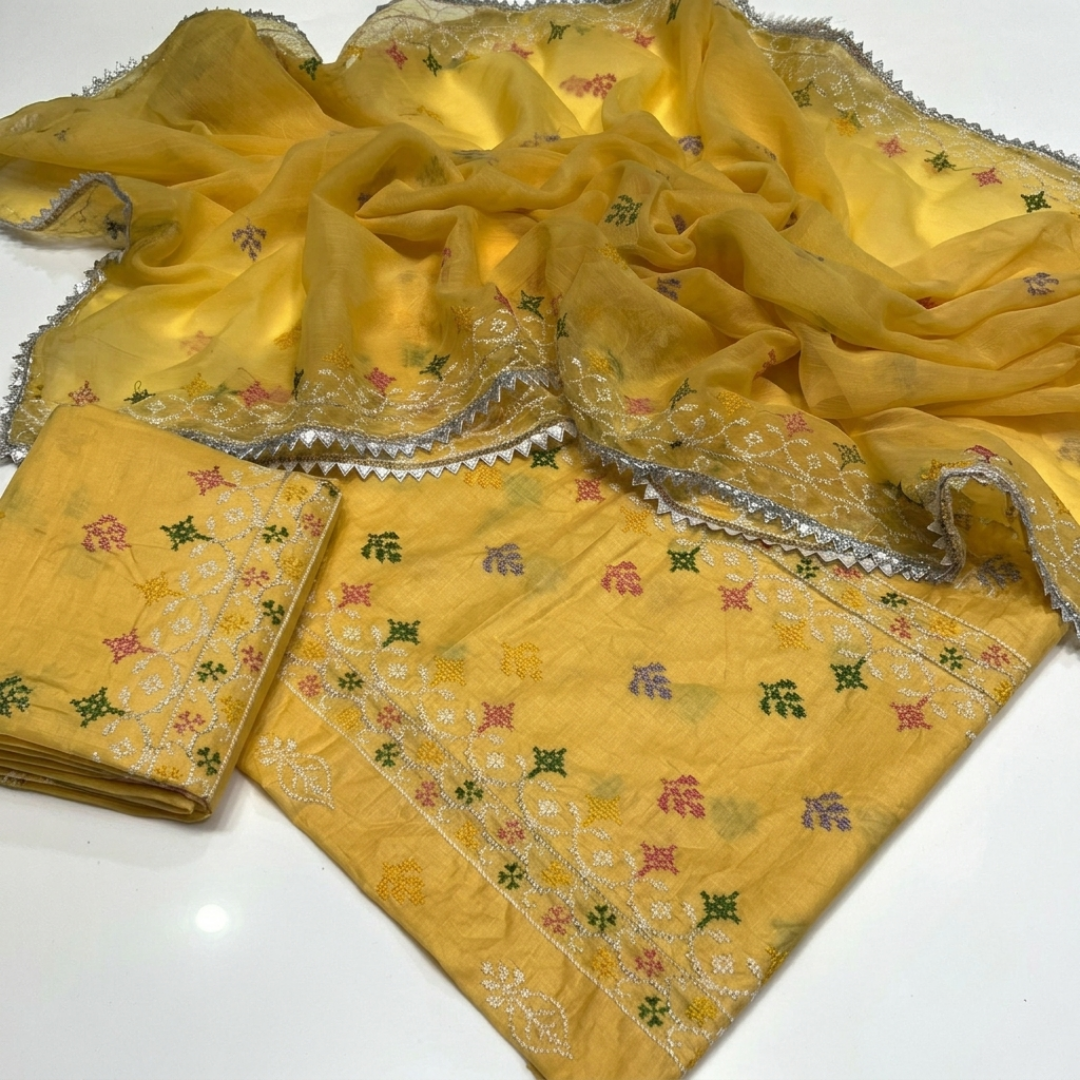 Tajbari Multi-Color Floral Embroidered Lawn 3-Piece Suit with Chiffon Dupatta