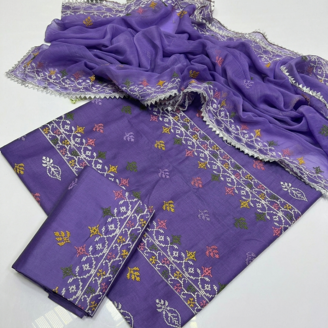 Tajbari Multi-Color Floral Embroidered Lawn 3-Piece Suit with Chiffon Dupatta