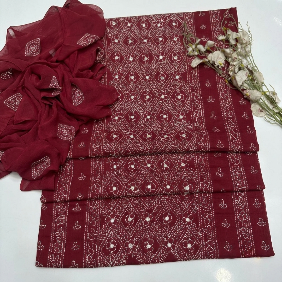 Tajbari Maroon Hand-Embroidered Diamond Jaal Paneled Lawn 3-Piece Suit with Chiffon Dupatta
