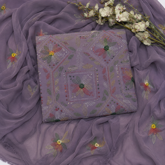 Tajbari Dusty Mauve Multi-Color Hand-Embroidered Lawn 3-Piece Unstitched Suit with Chiffon Dupatta
