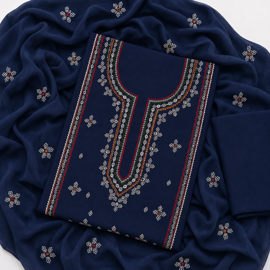 Tajbari Deep Navy Blue Multi-Color Hand-Embroidered Lawn 3-Piece Unstitched Suit with Chiffon Dupatta