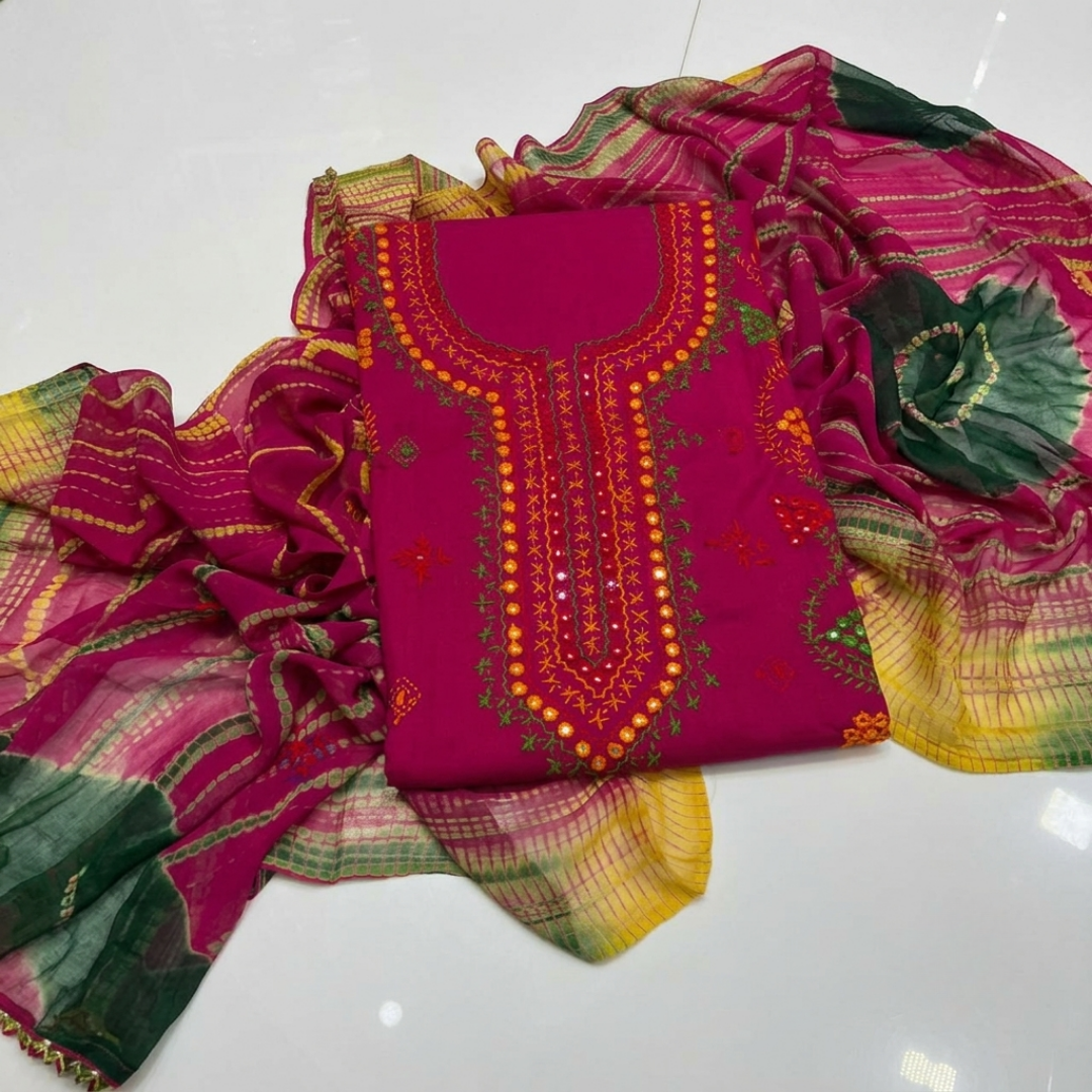 Tajbari Magenta Multi-Color Hand-Embroidered Lawn 3-Piece Unstitched Suit with Chiffon Dupatta