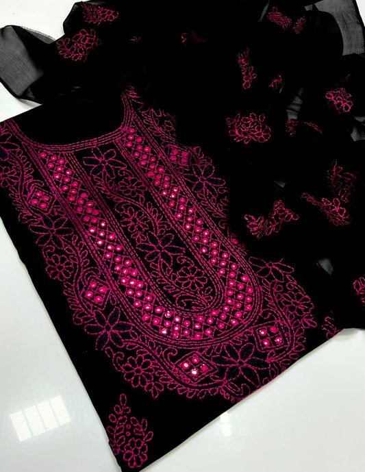 Tajbari Black & Magenta Hand-Embroidered Lawn 3-Piece Suit with Chiffon Dupatta