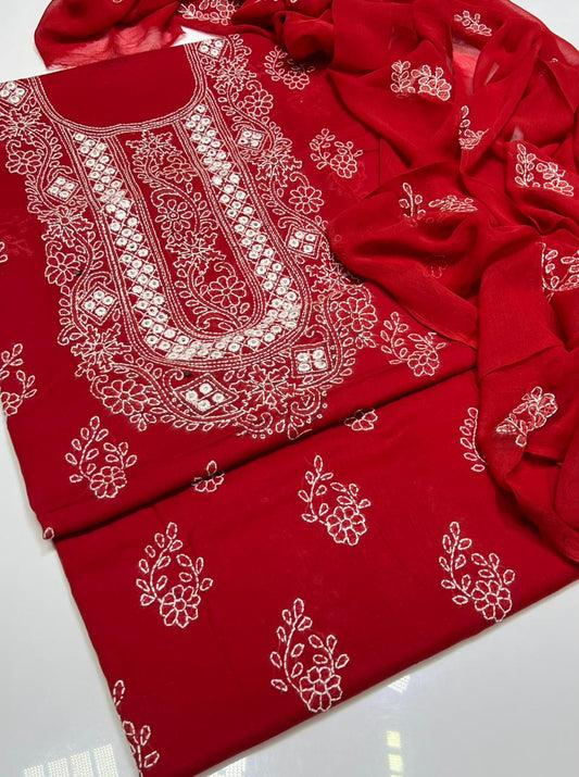 Tajbari Crimson Red Hand-Embroidered Lawn 3-Piece Suit with Chiffon Dupatta