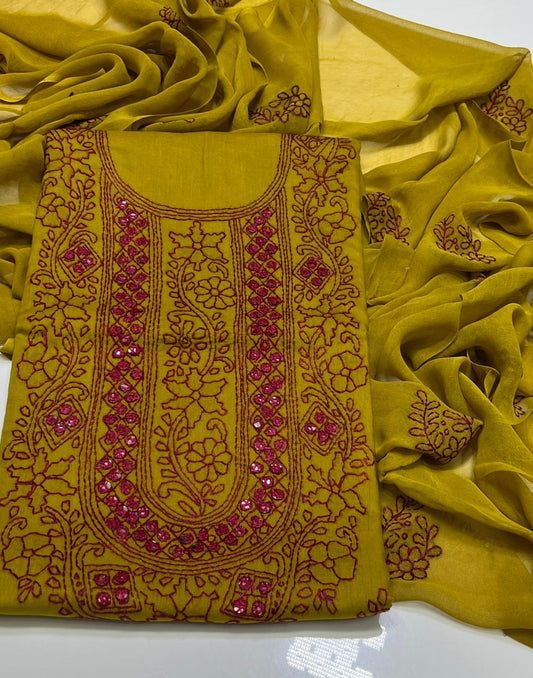 Tajbari Mustard Yellow Hand-Embroidered Lawn 3-Piece Suit with Chiffon Dupatta