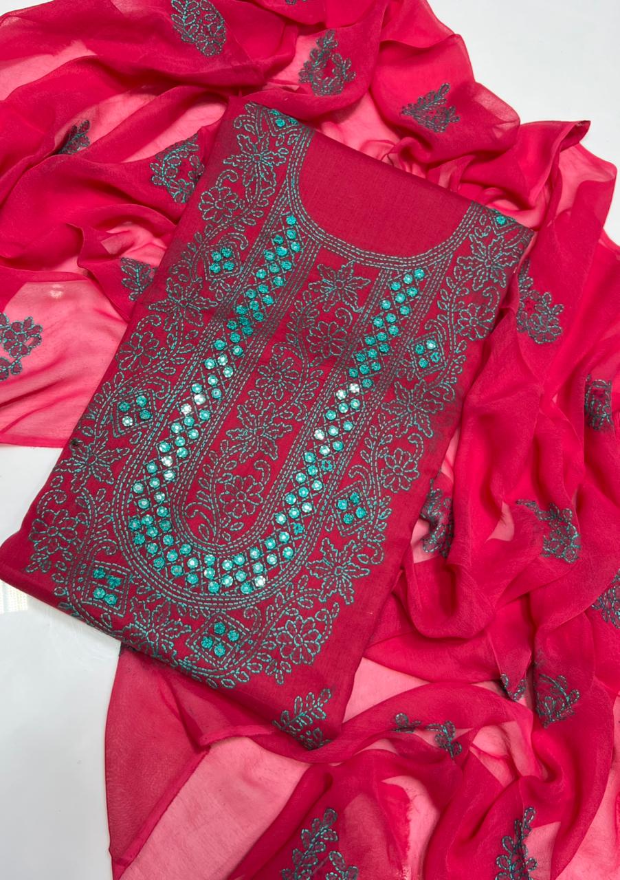 Tajbari Hot Pink & Teal Hand-Embroidered Lawn 3-Piece Suit with Chiffon Dupatta