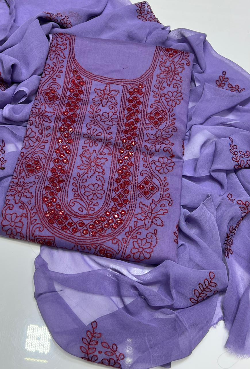 Tajbari Lavender & Deep Red Hand-Embroidered Lawn 3-Piece Suit with Chiffon Dupatta