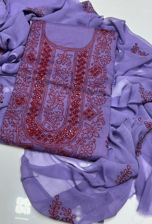 Tajbari Lavender & Deep Red Hand-Embroidered Lawn 3-Piece Suit with Chiffon Dupatta