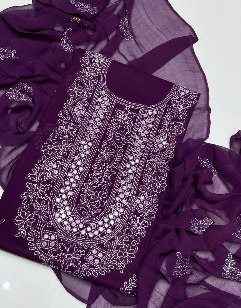 Tajbari Deep Purple & White Hand-Embroidered Lawn 3-Piece Suit with Chiffon Dupatta