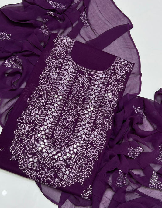 Tajbari Deep Purple & White Hand-Embroidered Lawn 3-Piece Suit with Chiffon Dupatta