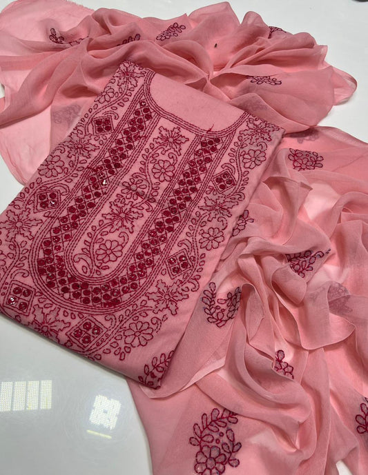 Tajbari Pastel Pink & Maroon Hand-Embroidered Lawn 3-Piece Suit with Chiffon Dupatta