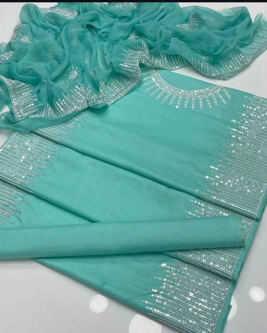 Tajbari Mint Green & Silver Hand-Embroidered Lawn 3-Piece Suit with Chiffon Dupatta