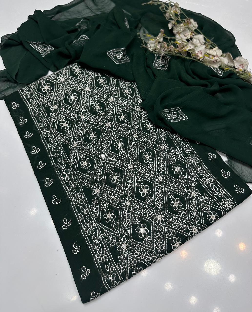 Tajbari Bottle Green Hand-Embroidered Diamond Jaal Lawn 3-Piece Suit with Chiffon Dupatta