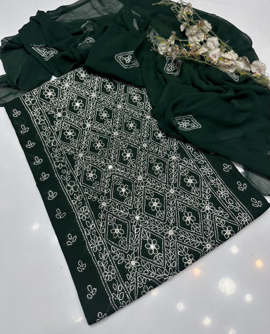Tajbari Bottle Green Hand-Embroidered Diamond Jaal Lawn 3-Piece Suit with Chiffon Dupatta