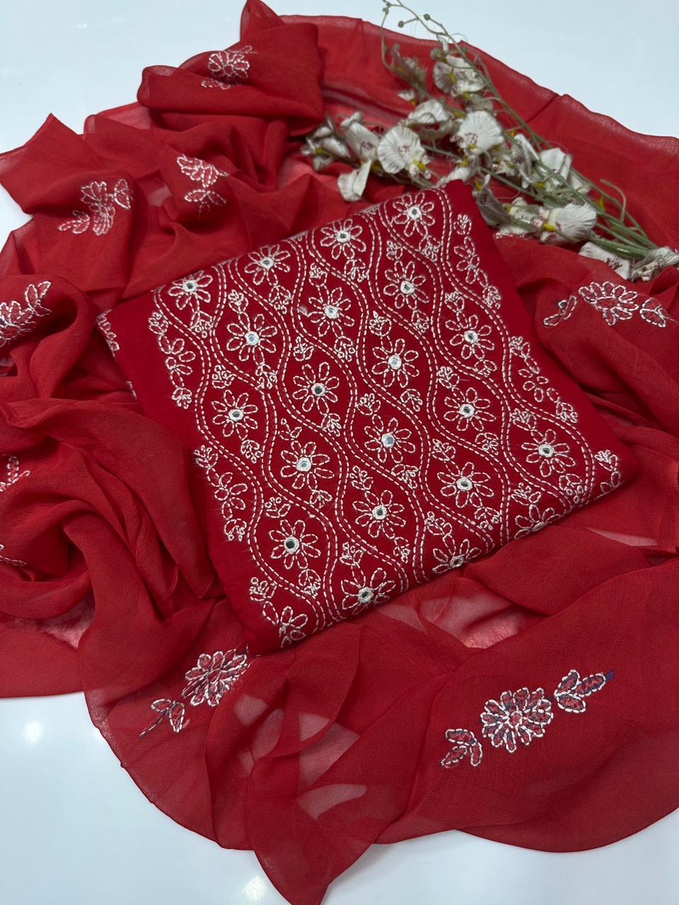 Tajbari Crimson Red Hand-Embroidered Wavy Floral Lawn 3-Piece Suit with Chiffon Dupatta