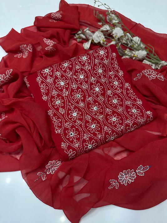 Tajbari Crimson Red Hand-Embroidered Wavy Floral Lawn 3-Piece Suit with Chiffon Dupatta