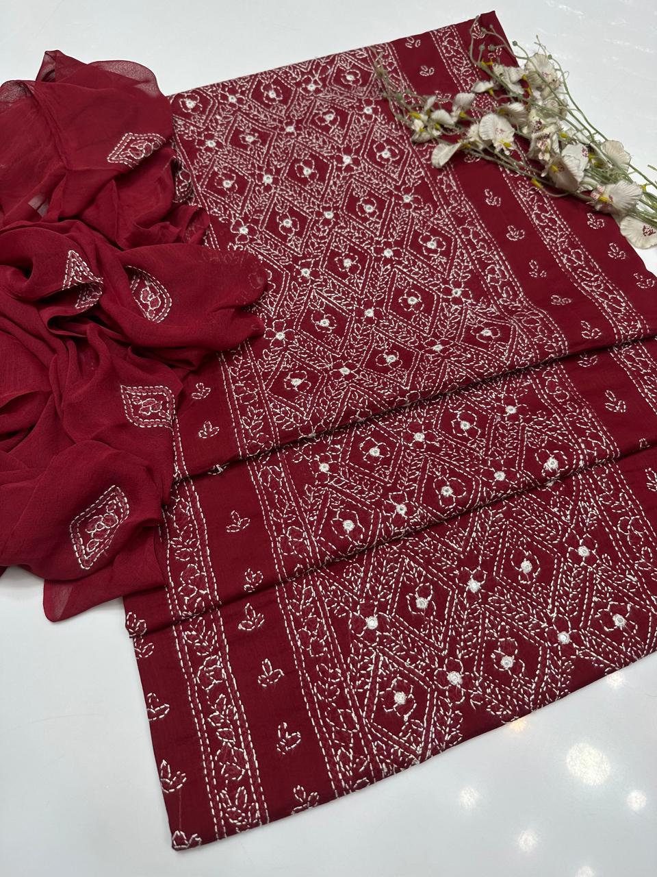 Tajbari Maroon Hand-Embroidered Diamond Jaal Paneled Lawn 3-Piece Suit with Chiffon Dupatta
