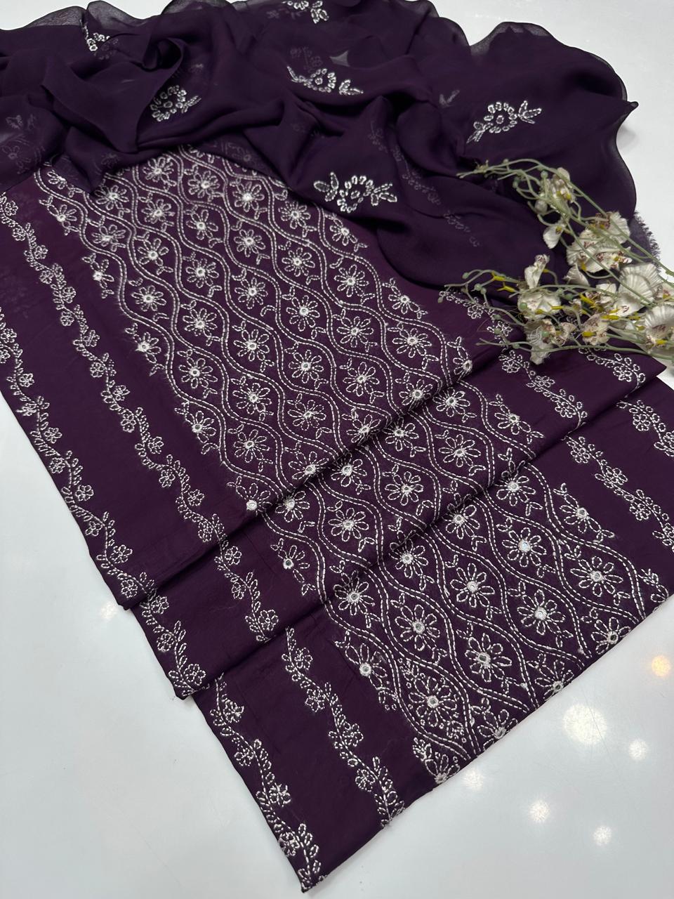 Tajbari Plum Purple Hand-Embroidered Wavy Floral Paneled Lawn 3-Piece Suit with Chiffon Dupatta
