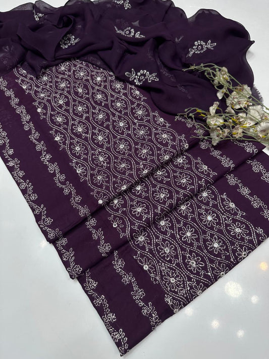 Tajbari Plum Purple Hand-Embroidered Wavy Floral Paneled Lawn 3-Piece Suit with Chiffon Dupatta