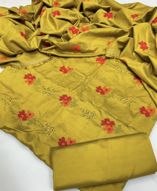 Tajbari Winter Khadi Silk Three Piece 01 - Mehendi Green Floral