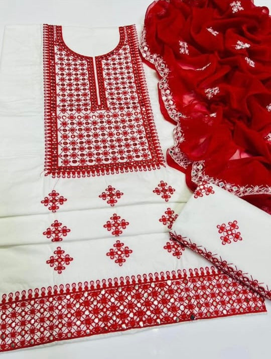 Tajbari Winter Khadi Silk Three Piece 02 - Off White & Red