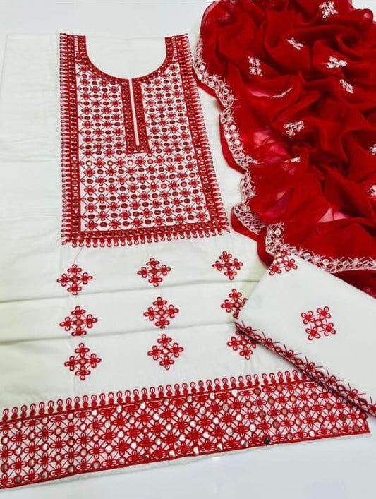 Tajbari Winter Khadi Silk Three Piece 02 - Off White & Red