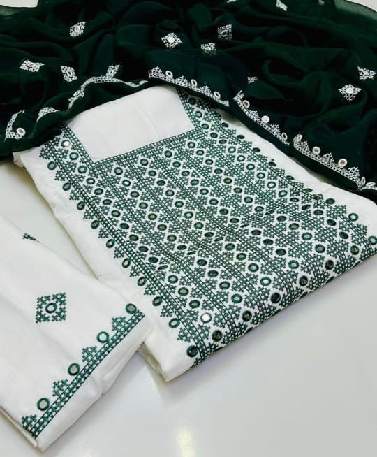 Tajbari Winter Khadi Silk Three Piece 08 - White & Deep Green