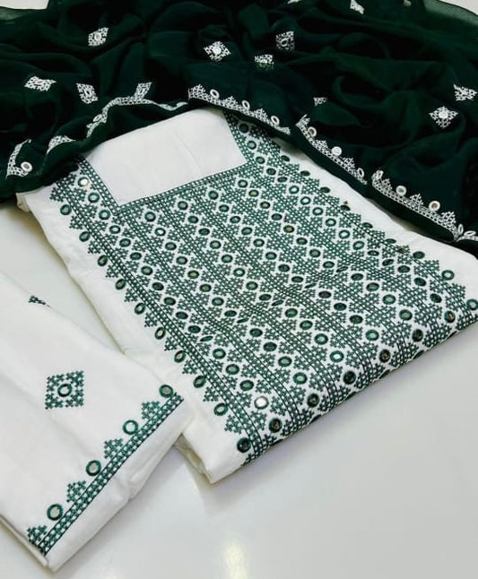 Tajbari Winter Khadi Silk Three Piece 08 - White & Deep Green