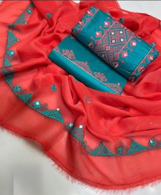 Tajbari Winter Khadi Silk Three Piece 09 - Teal & Coral