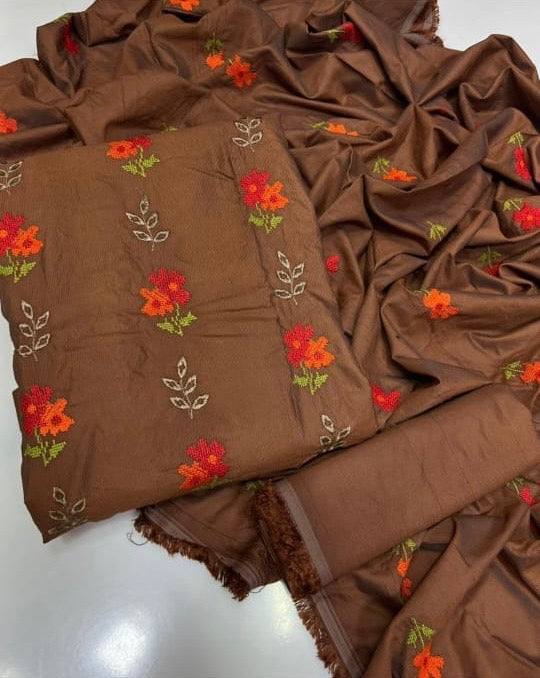 Tajbari Winter Khadi Silk Three Piece 16 - Chocolate Brown Floral