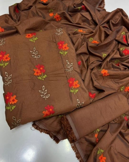 Tajbari Winter Khadi Silk Three Piece 16 - Chocolate Brown Floral