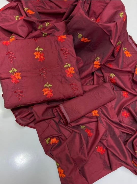 Tajbari Winter Khadi Silk Three Piece 17 - Wine Maroon Floral