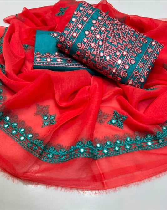 Tajbari Winter Khadi Silk Three Piece 18 - Coral Red & Teal Mirror