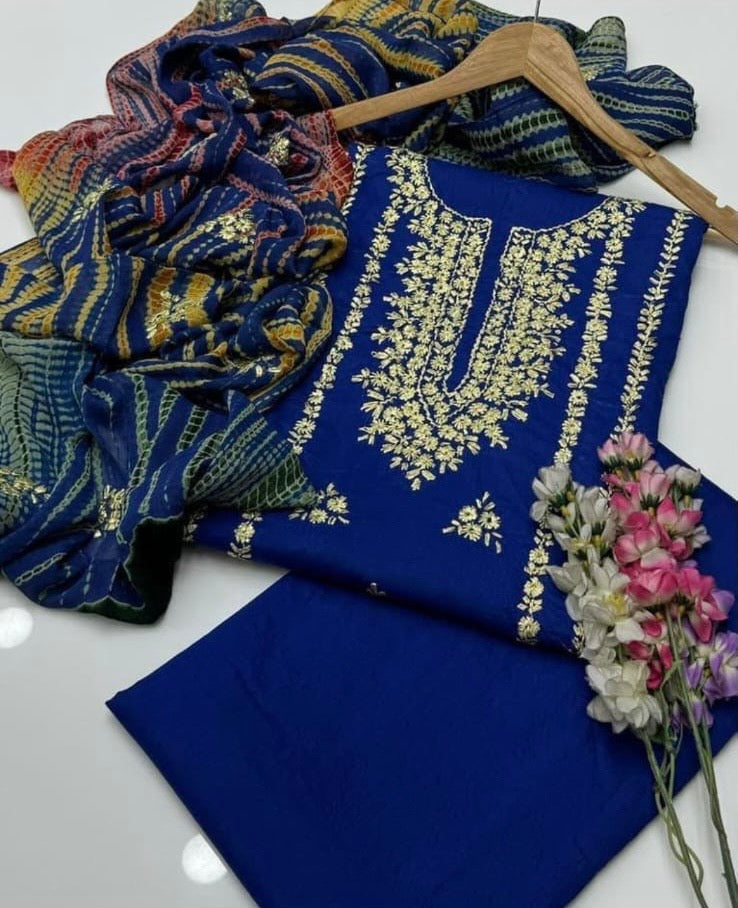 Tajbari Winter Khadi Silk Three Piece 19 - Royal Blue Golden Chikan