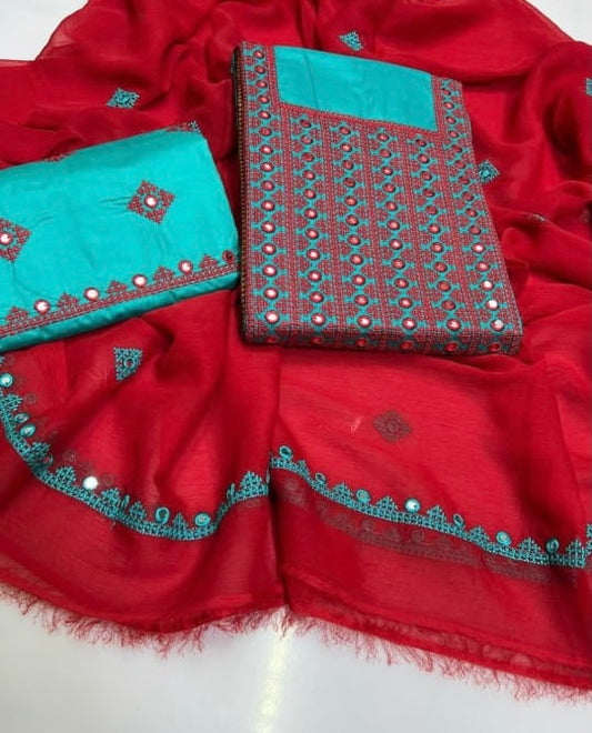 Tajbari Winter Khadi Silk Three Piece 20 - Sea Green & Red Mirror